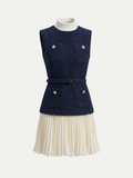 Monaco Navy Tweed Pleated Dress
